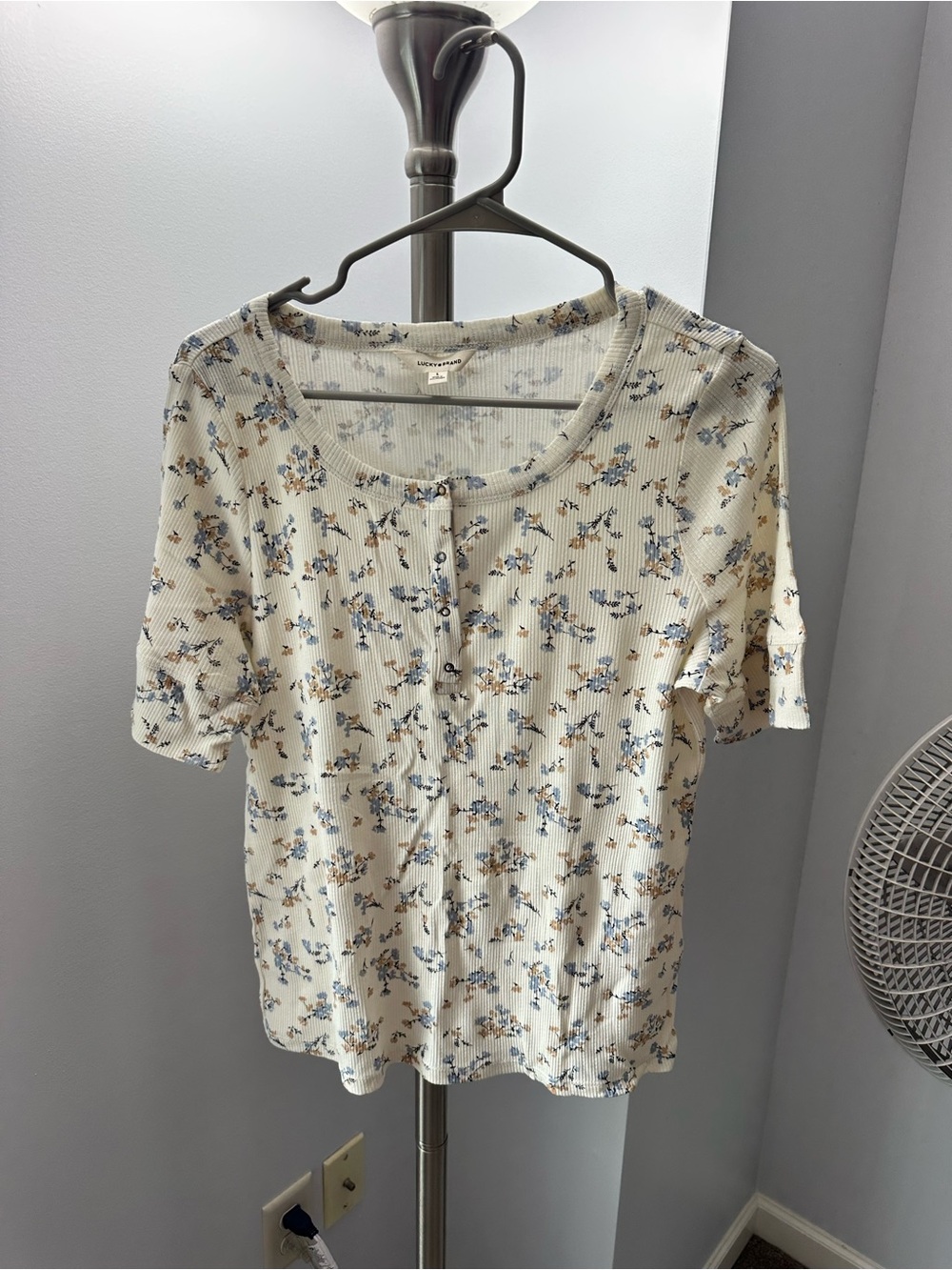 Lucky Brand Cream Short Sleeve Henley with Blue Floral Print
